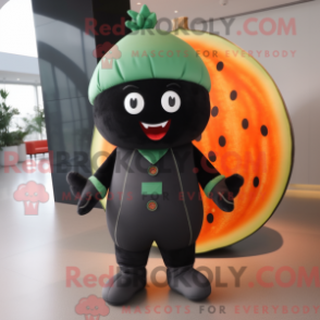 Mascot character of a Black Melon dressed with a Jumpsuit and Beanies