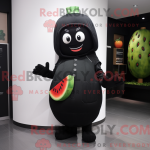 Mascot character of a Black Melon dressed with a Jumpsuit and Beanies
