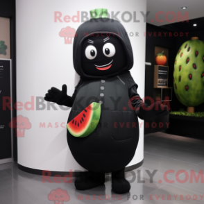 Mascot character of a Black Melon dressed with a Jumpsuit and Beanies