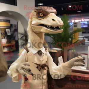 Mascot character of a Beige Deinonychus dressed with a Dress Shirt and Mittens