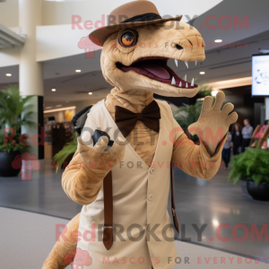 Mascot character of a Beige Deinonychus dressed with a Dress Shirt and Mittens