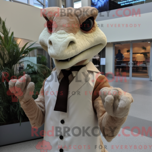 Mascot character of a Beige Deinonychus dressed with a Dress Shirt and Mittens
