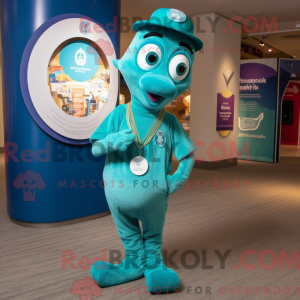 Mascot character of a Teal Stilt Walker dressed with a Henley Shirt and Coin purses