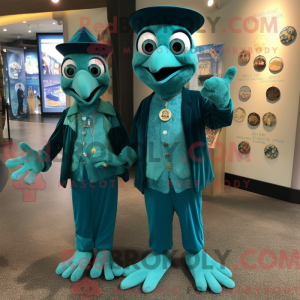 Mascot character of a Teal Stilt Walker dressed with a Henley Shirt and Coin purses