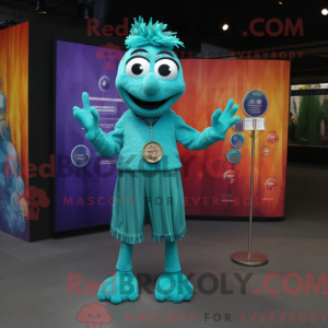Mascot character of a Teal Stilt Walker dressed with a Henley Shirt and Coin purses