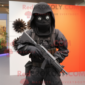 Mascot character of a Black Sniper dressed with a Wrap Skirt and Gloves