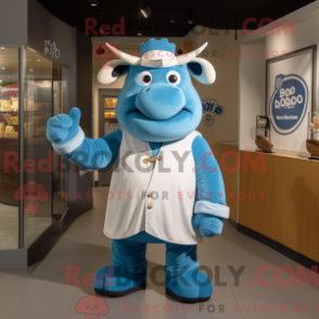 Mascot character of a Blue Beef Wellington dressed with a Long Sleeve Tee and Brooches