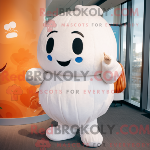 Mascot character of a White Pumpkin dressed with a Boyfriend Jeans and Mittens