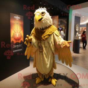 Mascot character of a Gold Harpy dressed with a Polo Shirt and Shawls