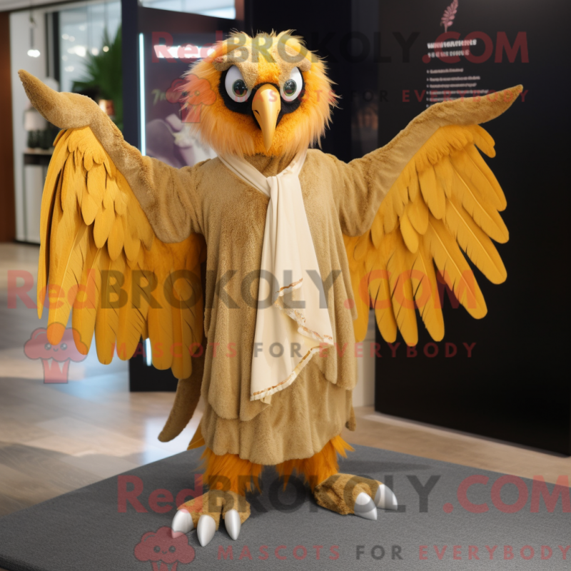 Mascot character of a Gold Harpy dressed with a Polo Shirt and Shawls