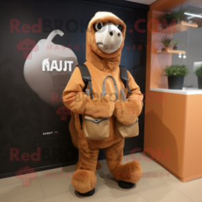Rust Camel mascot costume character dressed with a Hoodie and Messenger bags
