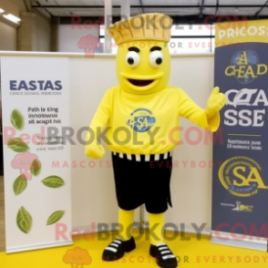 Mascot character of a Yellow Caesar Salad dressed with a Oxford Shirt and Lapel pins