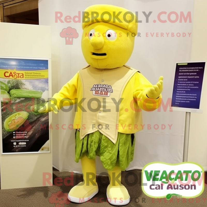 Mascot character of a Yellow Caesar Salad dressed with a Oxford Shirt and Lapel pins