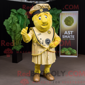 Mascot character of a Yellow Caesar Salad dressed with a Oxford Shirt and Lapel pins