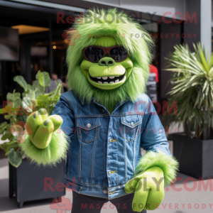 Mascot character of a Lime Green Gorilla dressed with a Flare Jeans and Sunglasses