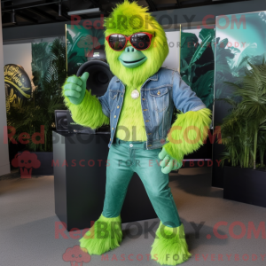 Mascot character of a Lime Green Gorilla dressed with a Flare Jeans and Sunglasses