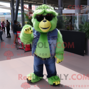 Mascot character of a Lime Green Gorilla dressed with a Flare Jeans and Sunglasses