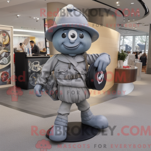Mascot character of a Gray Para Commando dressed with a Circle Skirt and Briefcases
