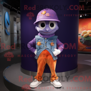 Mascot character of a Purple Mandarin dressed with a Flare Jeans and Suspenders