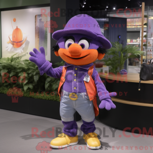 Mascot character of a Purple Mandarin dressed with a Flare Jeans and Suspenders