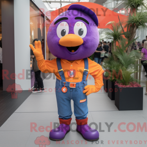 Mascot character of a Purple Mandarin dressed with a Flare Jeans and Suspenders