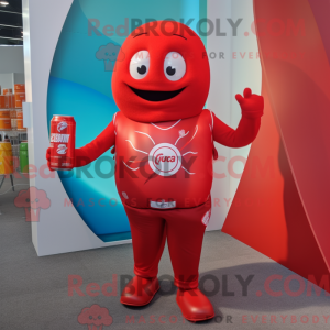 Mascot character of a Red Soda Can dressed with a Rash Guard and Keychains