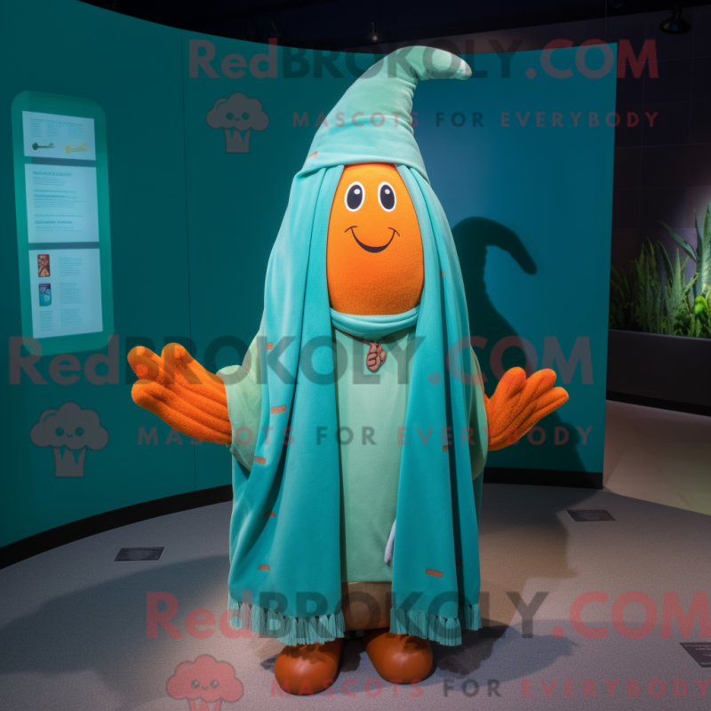 Mascot character of a Turquoise Carrot dressed with a Coat and Shawl pins