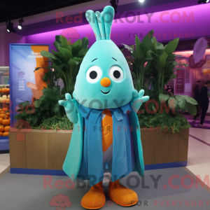 Mascot character of a Turquoise Carrot dressed with a Coat and Shawl pins