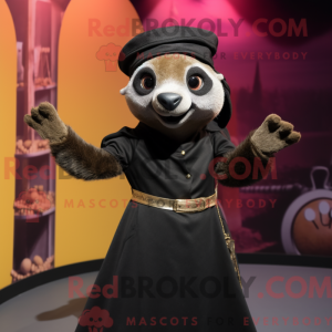 Mascot character of a Black Meerkat dressed with a Pleated Skirt and Beanies