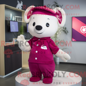 Mascot character of a Magenta Ermine dressed with a Playsuit and Caps