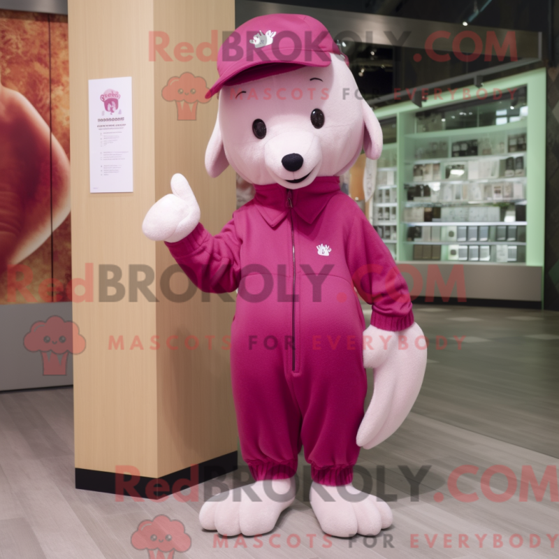 Mascot character of a Magenta Ermine dressed with a Playsuit and Caps