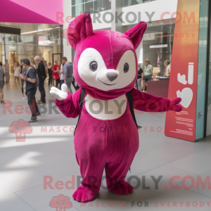 Mascot character of a Magenta Ermine dressed with a Playsuit and Caps