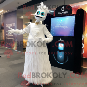 Mascot character of a White Stilt Walker dressed with a Wedding Dress and Digital watches