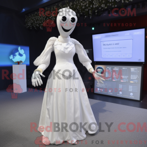 Mascot character of a White Stilt Walker dressed with a Wedding Dress and Digital watches