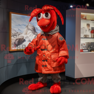 Mascot character of a Lobster dressed with a Parka and Caps