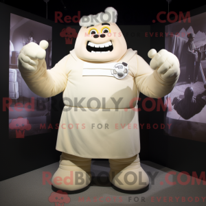 Mascot character of a Cream Strongman dressed with a Culottes and Mittens