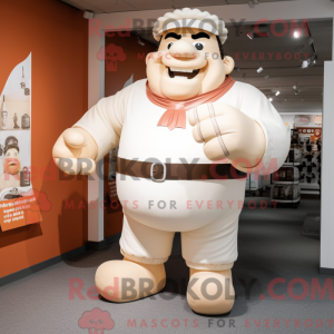 Mascot character of a Cream Strongman dressed with a Culottes and Mittens