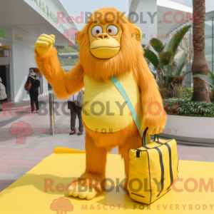 Mascot character of a Lemon Yellow Orangutan dressed with a Shorts and Handbags