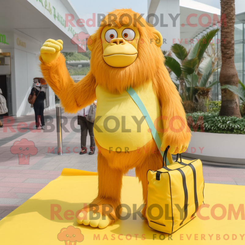 Mascot character of a Lemon Yellow Orangutan dressed with a Shorts and Handbags