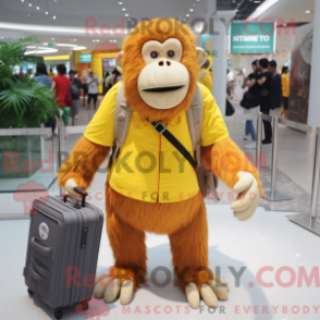 Mascot character of a Lemon Yellow Orangutan dressed with a Shorts and Handbags