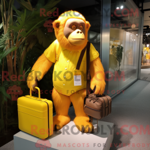 Mascot character of a Lemon Yellow Orangutan dressed with a Shorts and Handbags