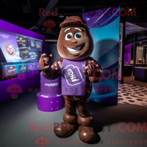 Mascot character of a Purple Chocolate Bars dressed with a Rugby Shirt and Necklaces