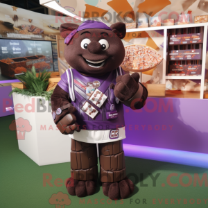 Mascot character of a Purple Chocolate Bars dressed with a Rugby Shirt and Necklaces