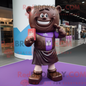 Mascot character of a Purple Chocolate Bars dressed with a Rugby Shirt and Necklaces