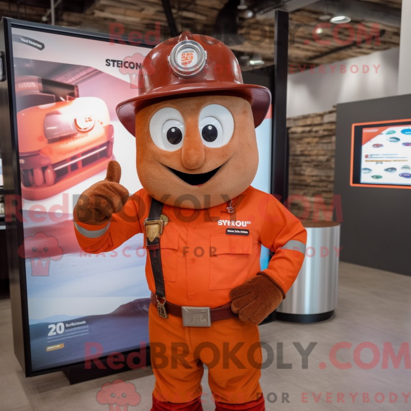 Mascot character of a Rust Fire Fighter dressed with a V-Neck Tee and Caps