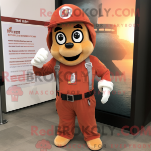 Mascot character of a Rust Fire Fighter dressed with a V-Neck Tee and Caps