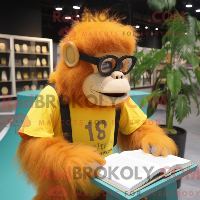 Mascot character of a Yellow Orangutan dressed with a Romper and Reading glasses