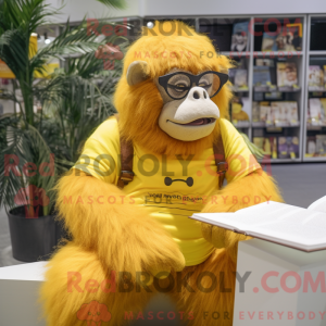 Mascot character of a Yellow Orangutan dressed with a Romper and Reading glasses