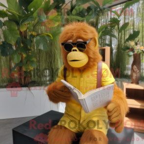 Mascot character of a Yellow Orangutan dressed with a Romper and Reading glasses
