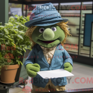 Mascot character of a Green Love Letter dressed with a Chambray Shirt and Berets